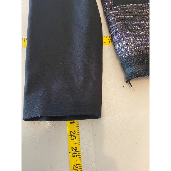 Chicos 1 Tweed Metallic Jacket W/ Black Stretch Sleeves & Fringe Hem Medium - Picture 10 of 10